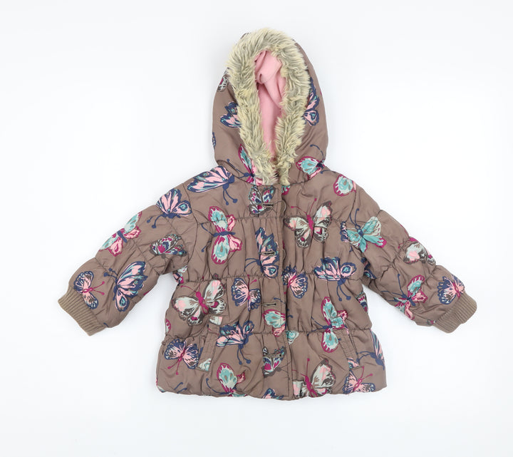 Next Girls Brown Butterfly Puffer Coat Hooded Winter Jacket 2 Years