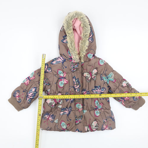 Next Girls Brown Butterfly Puffer Coat Hooded Winter Jacket 2 Years