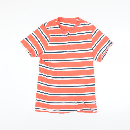 Dunnes Stores Mens Orange Striped Henley Short Sleeve Cotton Shirt XS