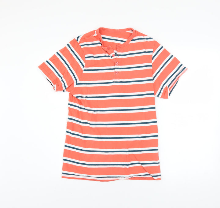 Dunnes Stores Mens Orange Striped Henley Short Sleeve Cotton Shirt XS