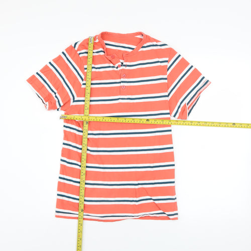 Dunnes Stores Mens Orange Striped Henley Short Sleeve Cotton Shirt XS