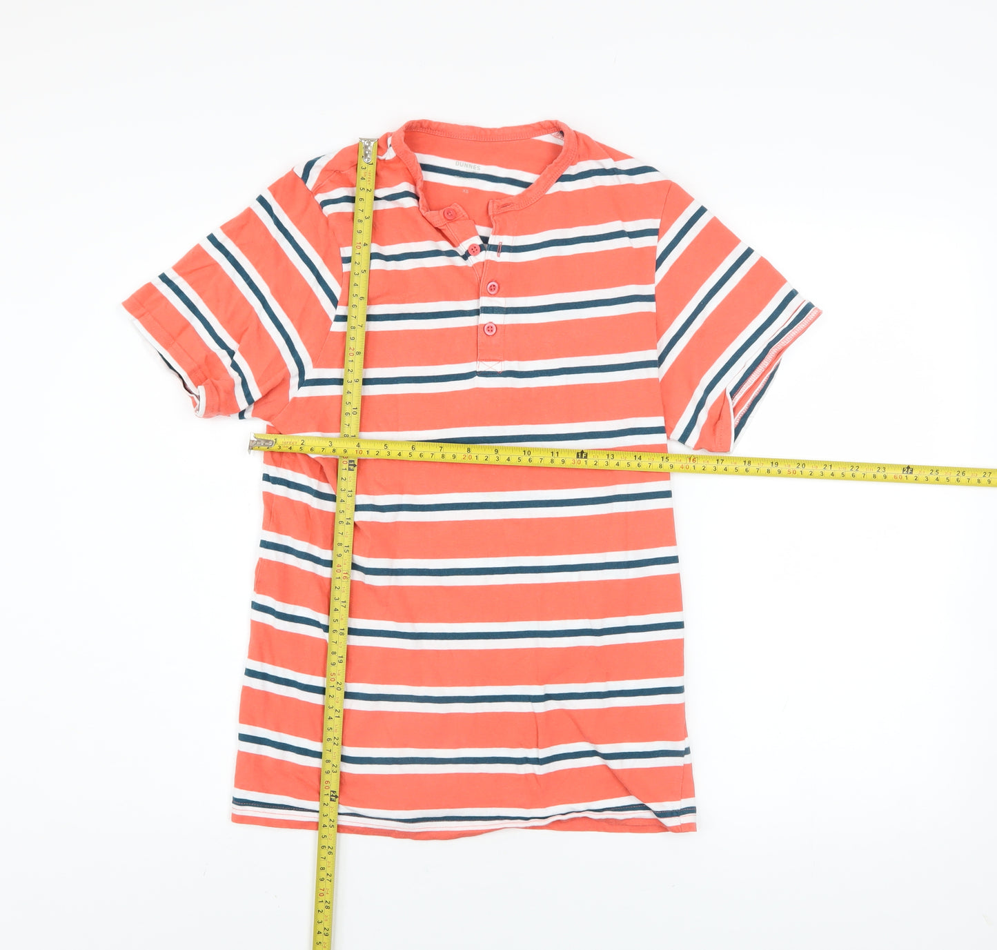Dunnes Stores Mens Orange Striped Henley Short Sleeve Cotton Shirt XS