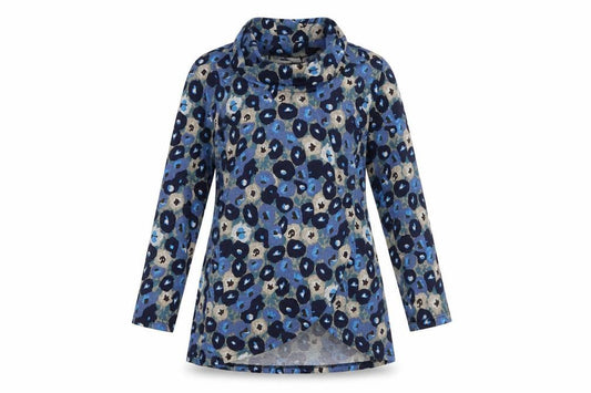 Front view of Paco Boutique Women’s Blue Animal Print Cowl Neck Tunic Jumper, size UK 10