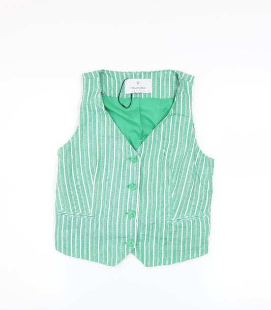 Stradivarius Womens Green Striped Linen Blend Waistcoat Size 12