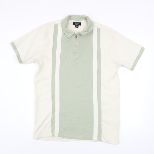 boohooMAN Men's Green Colourblock Zip Polo Shirt Size L