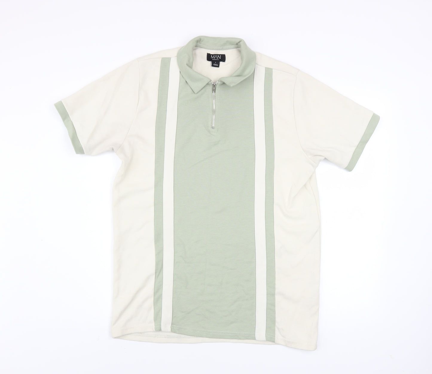 boohooMAN Men's Green Colourblock Zip Polo Shirt Size L