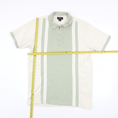 boohooMAN Men's Green Colourblock Zip Polo Shirt Size L