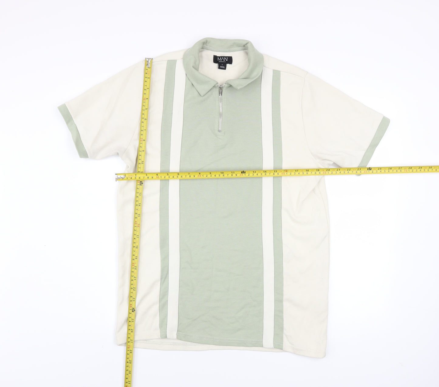 boohooMAN Men's Green Colourblock Zip Polo Shirt Size L