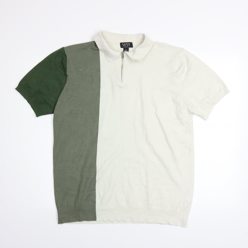 boohooMAN Men's Green Colourblock Short Sleeve Knit Polo Shirt L