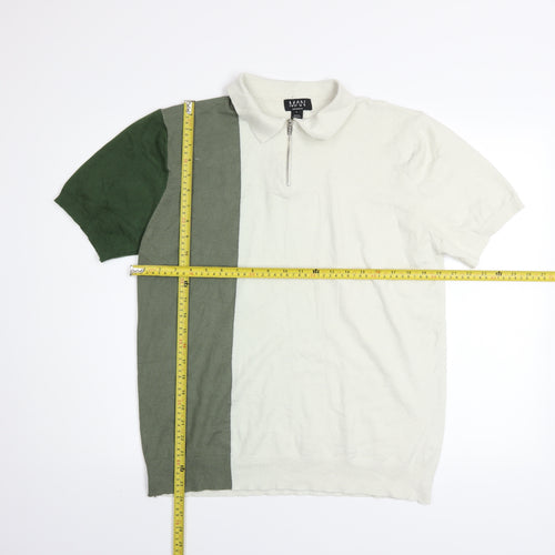 boohooMAN Men's Green Colourblock Short Sleeve Knit Polo Shirt L
