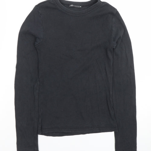 ZARA Women's Black Ribbed Long Sleeve Basic T-Shirt Size S