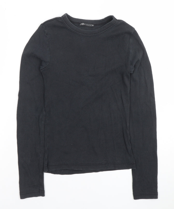 ZARA Women's Black Ribbed Long Sleeve Basic T-Shirt Size S