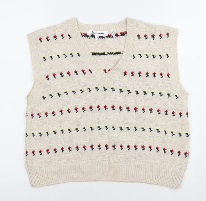 Koton Teens Beige Fair Isle Knit Sleeveless V-Neck Vest XS