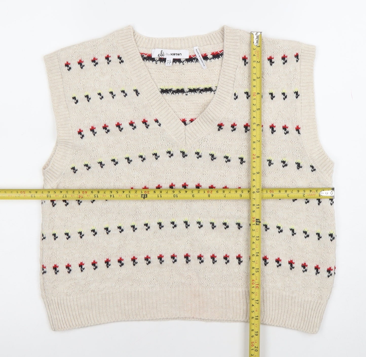 Koton Teens Beige Fair Isle Knit Sleeveless V-Neck Vest XS