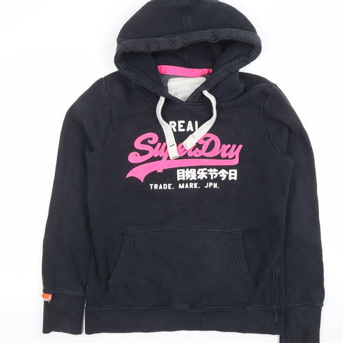 Superdry Womens Black Pullover Hoodie Large Cotton Blend Fleece Lined