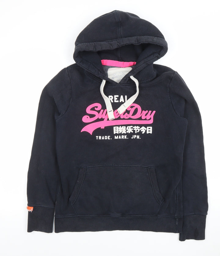Superdry Womens Black Pullover Hoodie Large Cotton Blend Fleece Lined