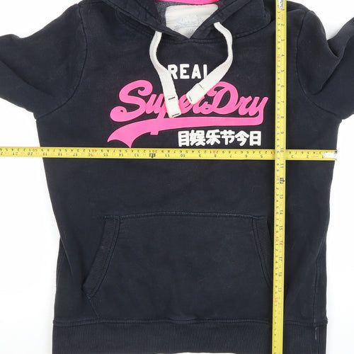 Superdry Womens Black Pullover Hoodie Large Cotton Blend Fleece Lined