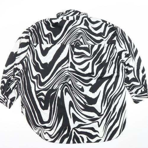 New Look Women Black White Animal Print Long Sleeve Button-Up Shirt UK 14