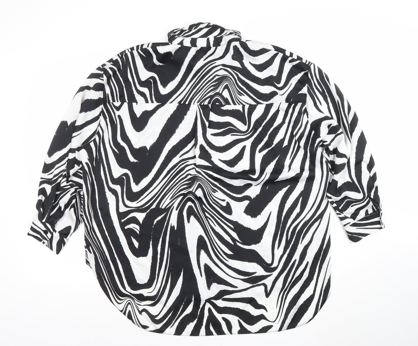 New Look Women Black White Animal Print Long Sleeve Button-Up Shirt UK 14