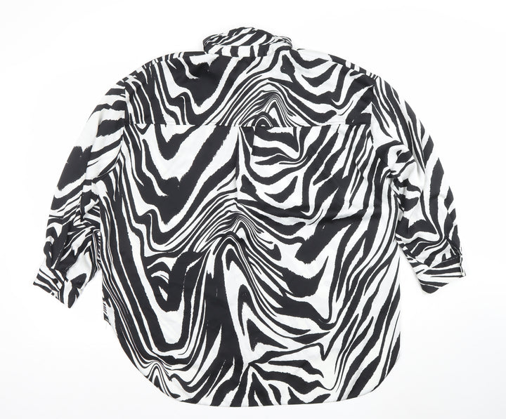 New Look Women Black White Animal Print Long Sleeve Button-Up Shirt UK 14