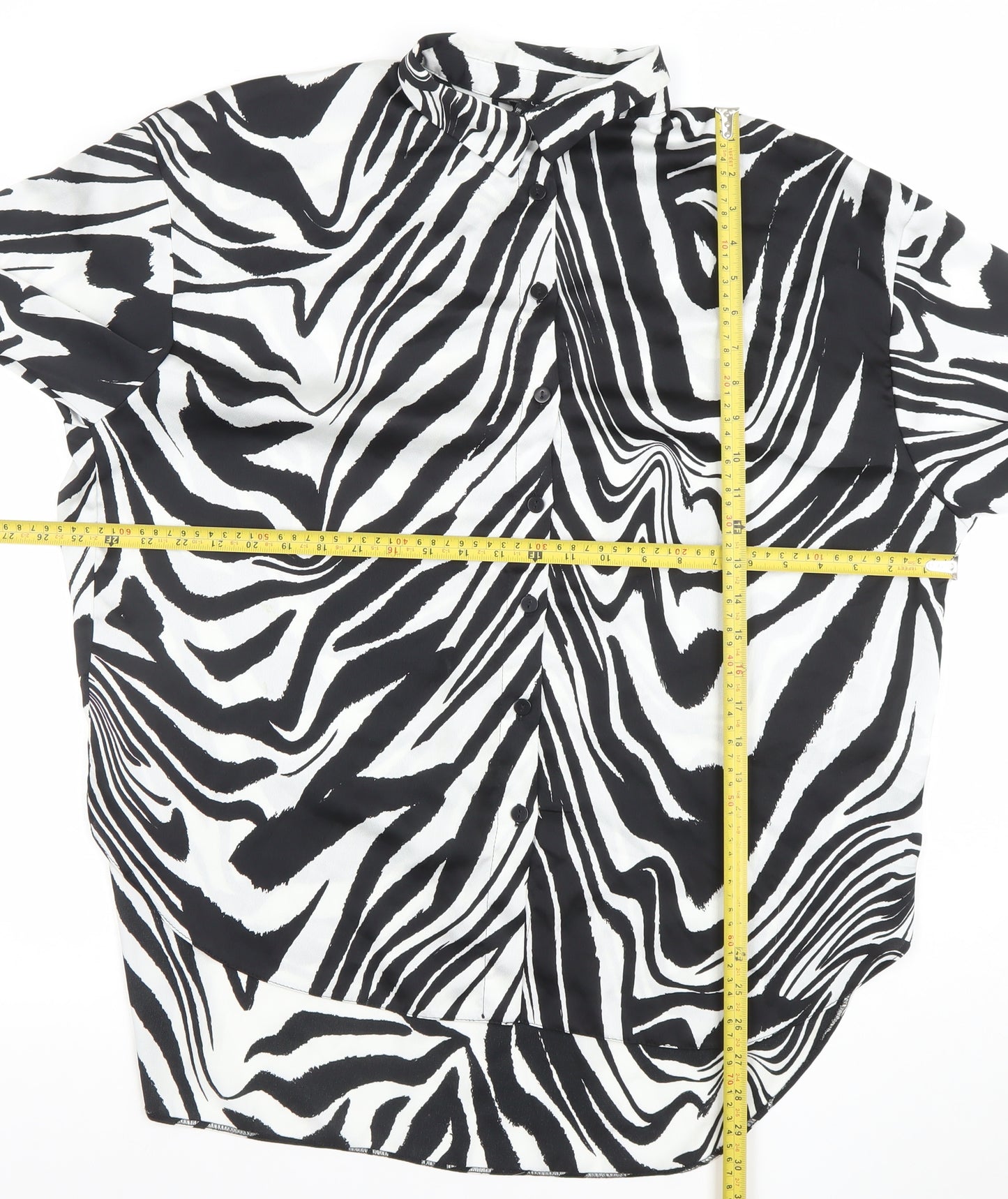 New Look Women Black White Animal Print Long Sleeve Button-Up Shirt UK 14