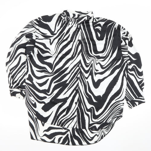 New Look Women Black White Animal Print Long Sleeve Button-Up Shirt UK 14