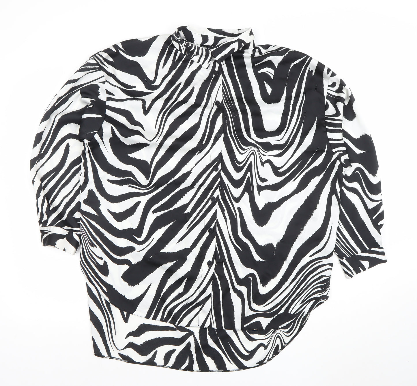 New Look Women Black White Animal Print Long Sleeve Button-Up Shirt UK 14