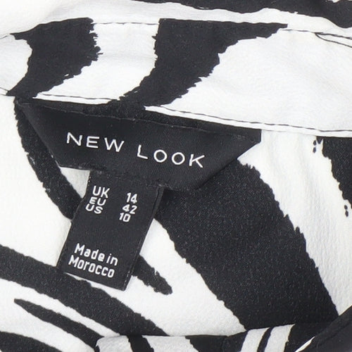 New Look Women Black White Animal Print Long Sleeve Button-Up Shirt UK 14