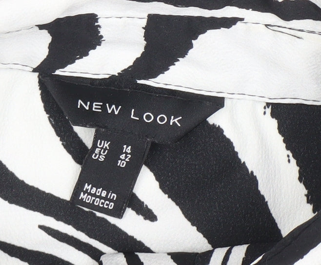 New Look Women Black White Animal Print Long Sleeve Button-Up Shirt UK 14