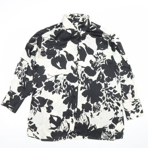 ZARA Women Black White Floral Long Sleeve Button-Up Shirt Size S