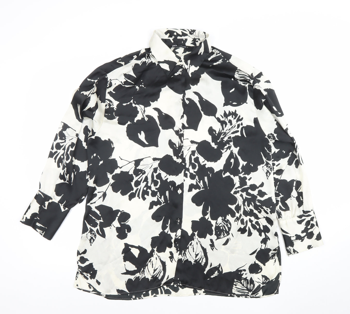 ZARA Women Black White Floral Long Sleeve Button-Up Shirt Size S