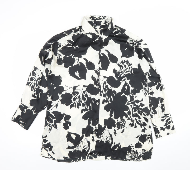 ZARA Women Black White Floral Long Sleeve Button-Up Shirt Size S