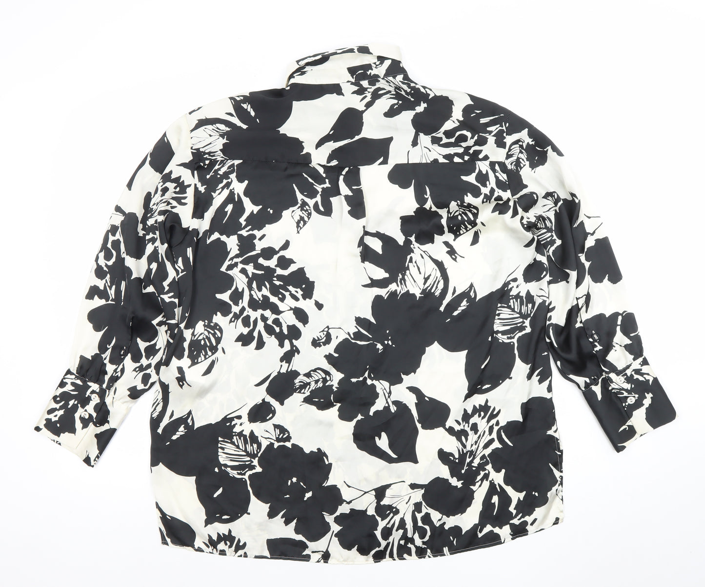 ZARA Women Black White Floral Long Sleeve Button-Up Shirt Size S