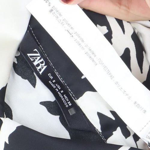 ZARA Women Black White Floral Long Sleeve Button-Up Shirt Size S