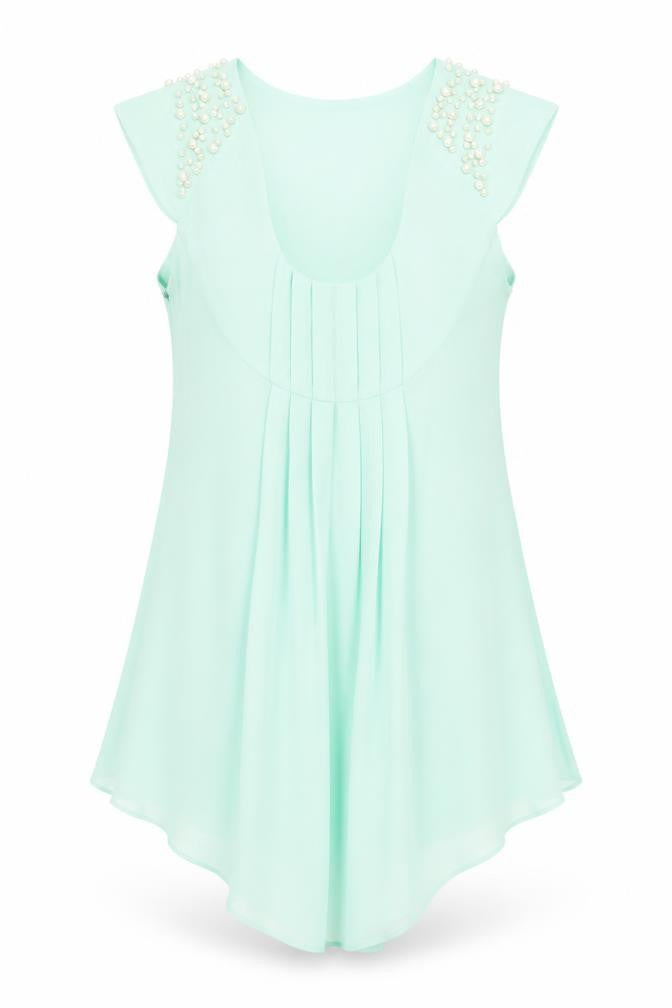 Front view of Mangano women’s green beaded chiffon tunic blouse, size L