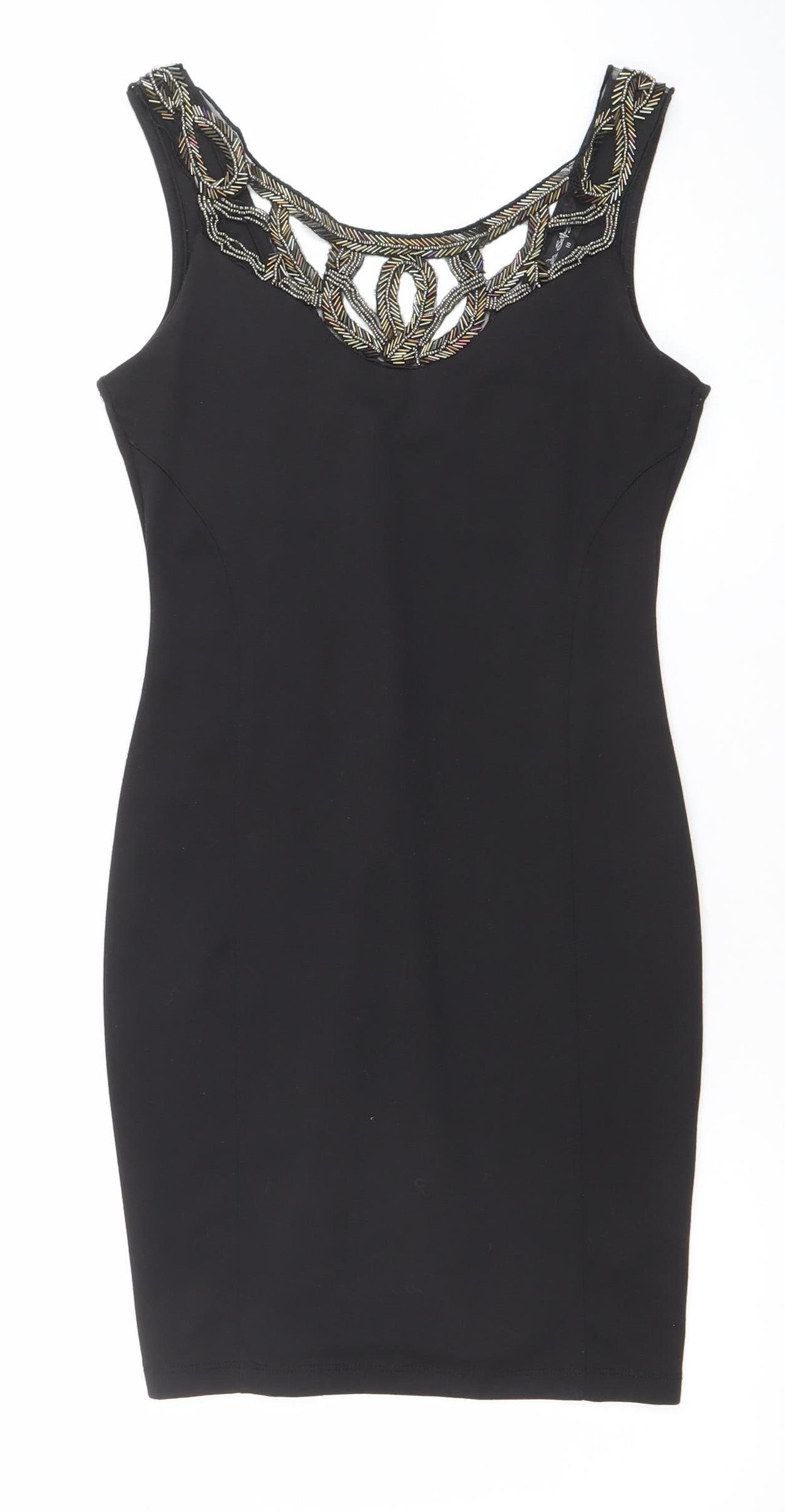 Lipsy Women Black Size 10 Bodycon Sleeveless Beaded Party Dress