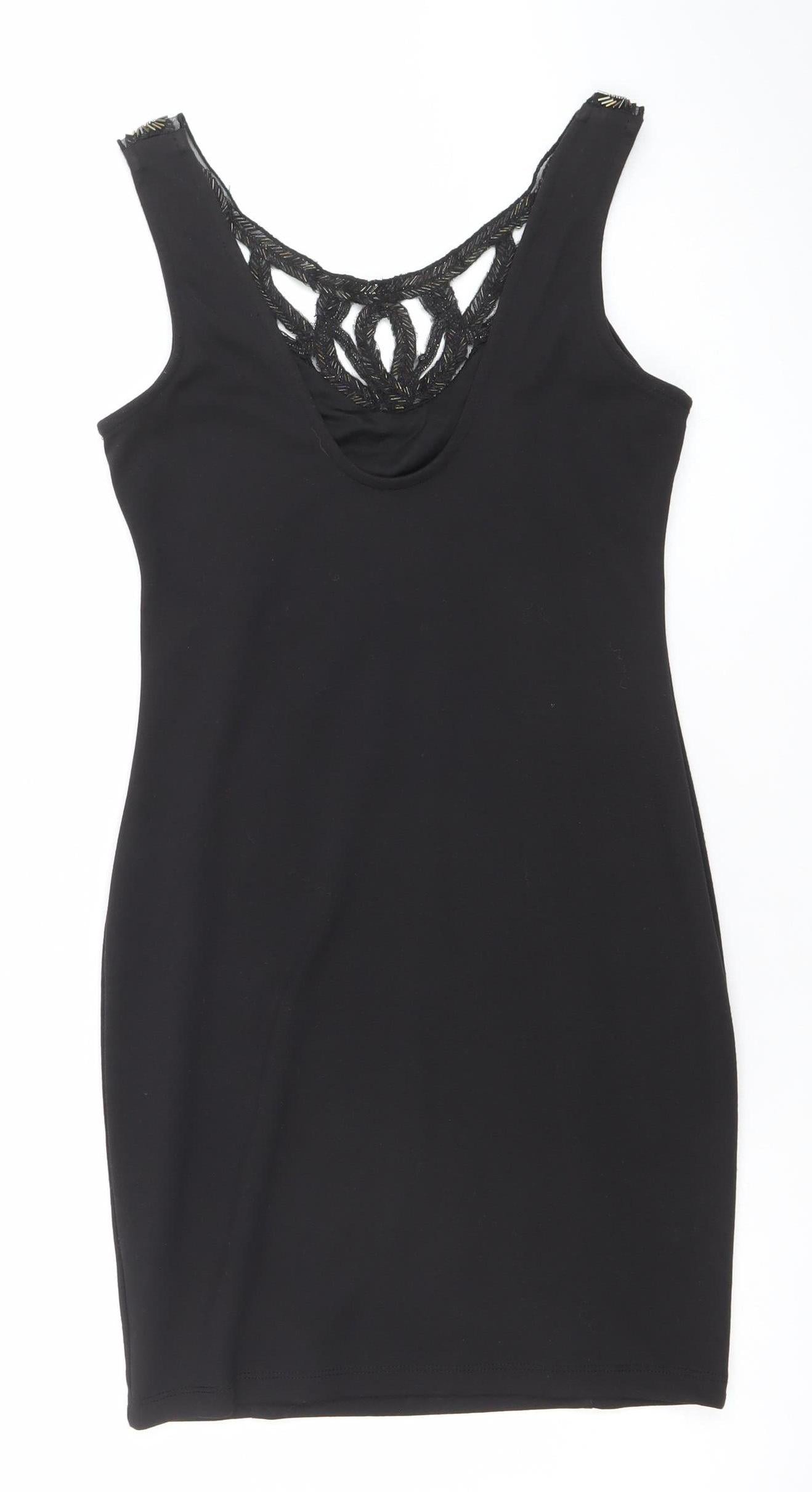 Lipsy Women Black Size 10 Bodycon Sleeveless Beaded Party Dress