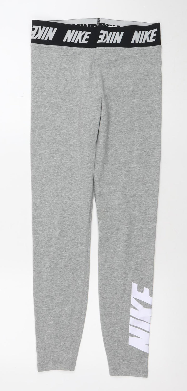 Nike Women Grey M Leggings Elastic Waist Logo Tapered Activewear