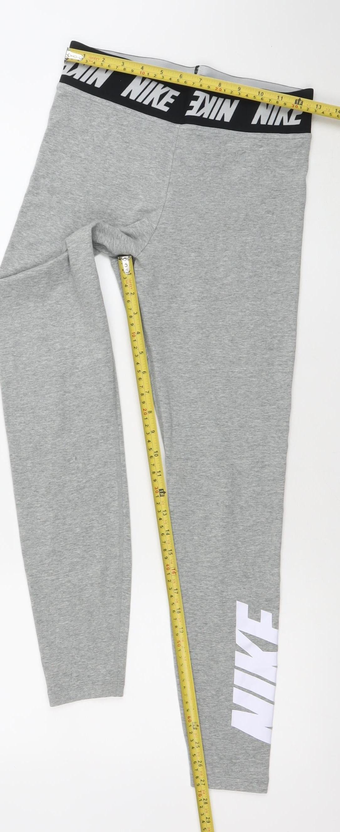 Nike Women Grey M Leggings Elastic Waist Logo Tapered Activewear