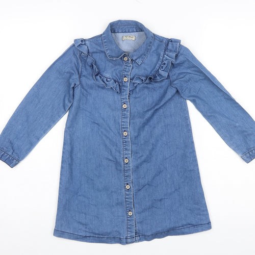 Next Girls Blue Denim Shirt Dress 6 Years Long Sleeve Ruffle Cotton Blend