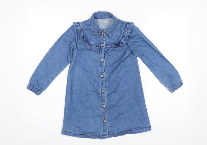 Next Girls Blue Denim Shirt Dress 6 Years Long Sleeve Ruffle Cotton Blend