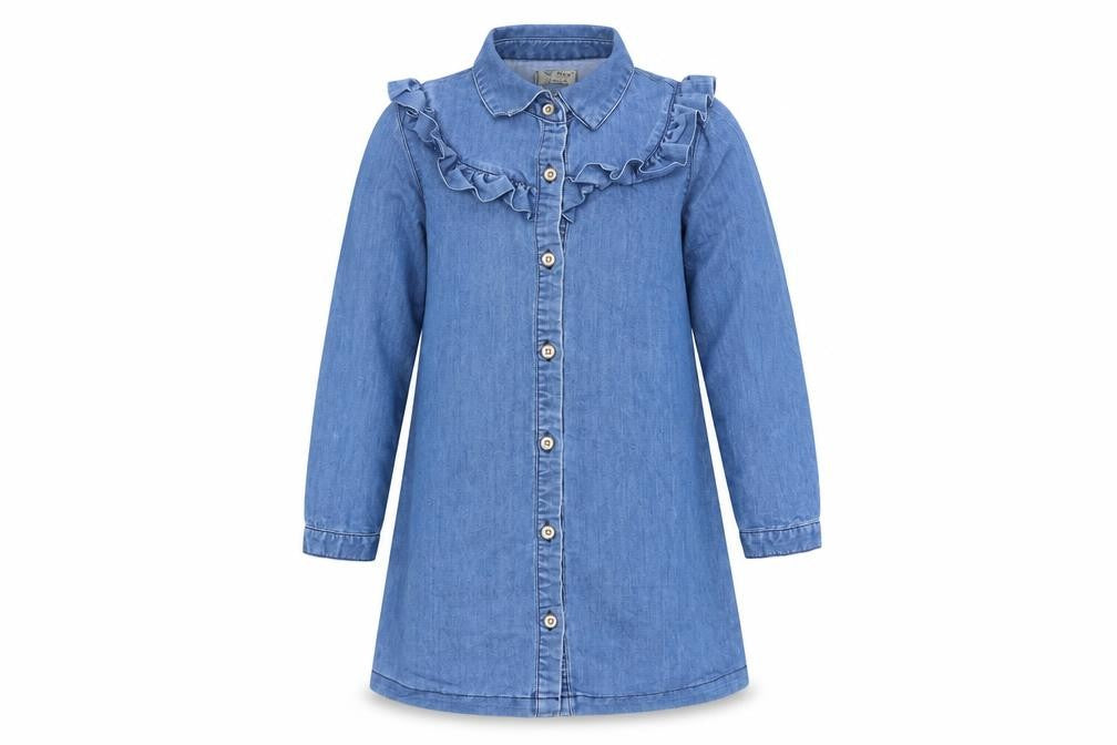 Next Girls Blue Denim Shirt Dress 6 Years Long Sleeve Ruffle Cotton Blend