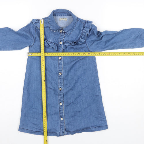 Next Girls Blue Denim Shirt Dress 6 Years Long Sleeve Ruffle Cotton Blend