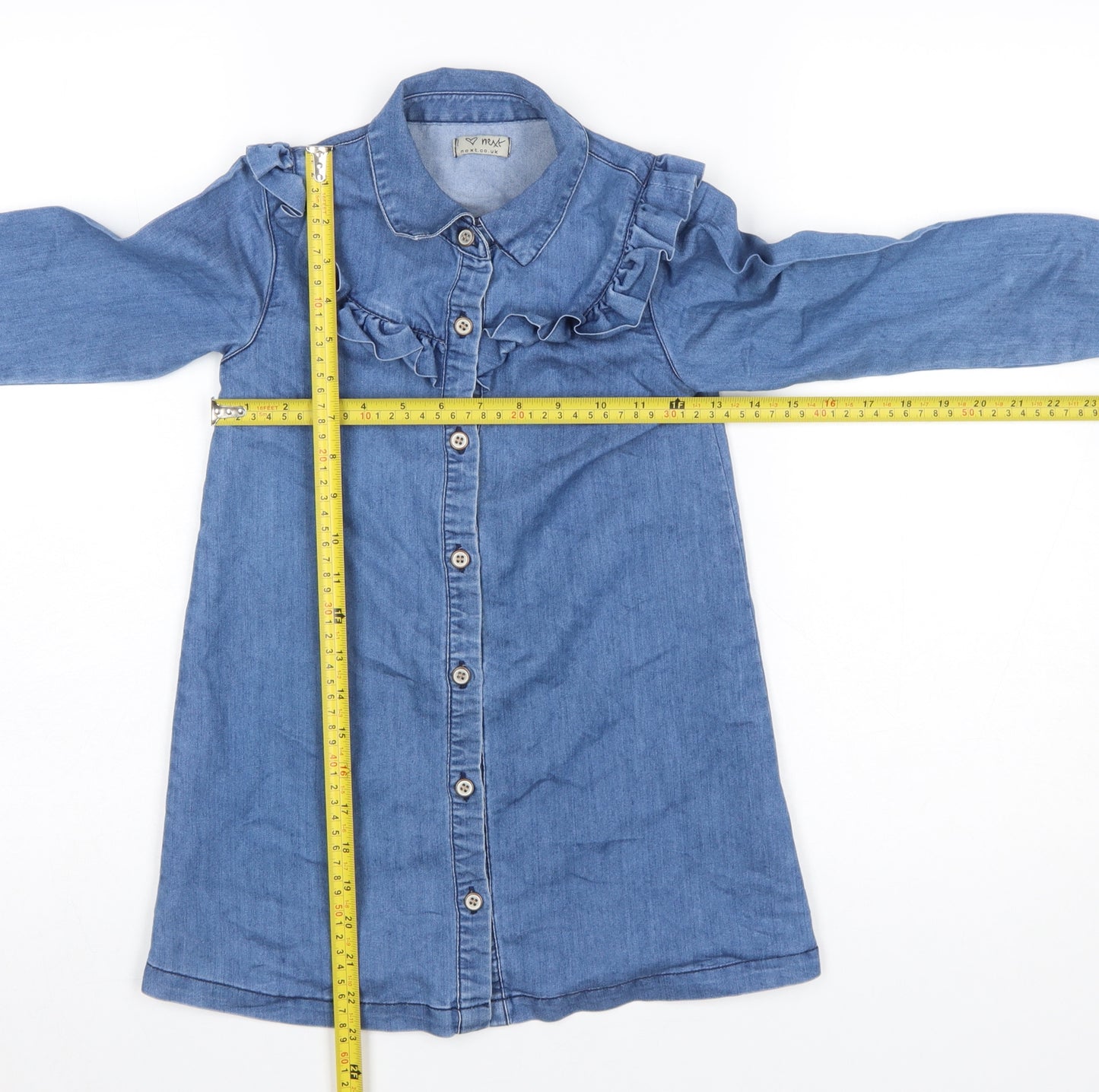 Next Girls Blue Denim Shirt Dress 6 Years Long Sleeve Ruffle Cotton Blend