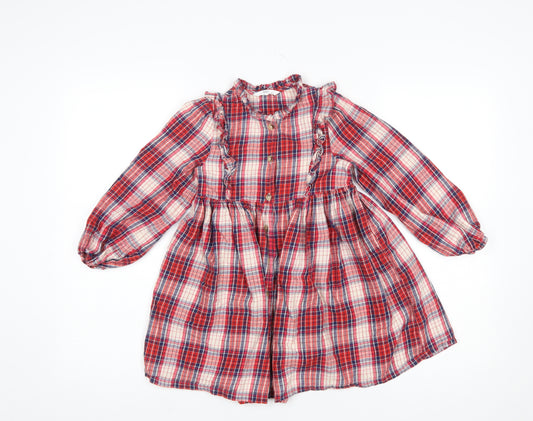 Marks and Spencer Girls Red Check Ruffle Long Sleeve Shirt Dress 6-7 Years