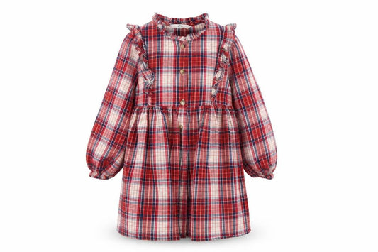 Marks and Spencer Girls Red Check Ruffle Long Sleeve Shirt Dress 6-7 Years