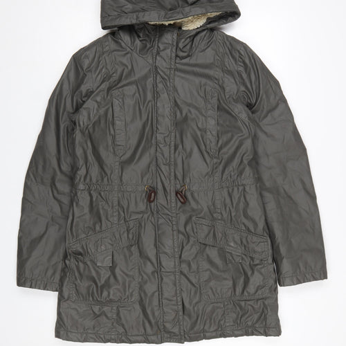 White Stuff Women’s Green Cotton Parka Coat Size 10 Hooded Mid-Length