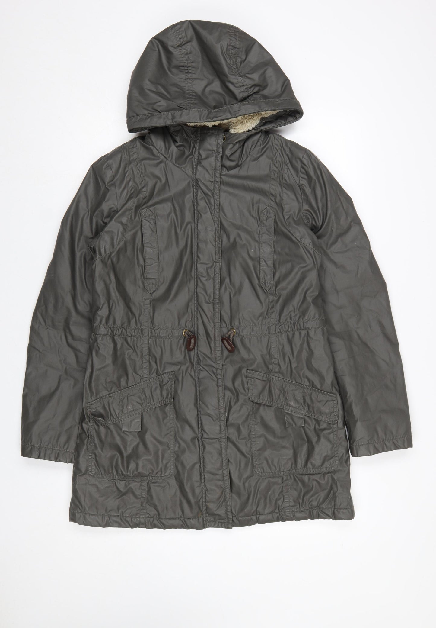 White Stuff Women’s Green Cotton Parka Coat Size 10 Hooded Mid-Length