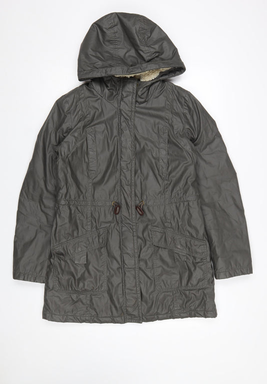 White Stuff Women’s Green Cotton Parka Coat Size 10 Hooded Mid-Length