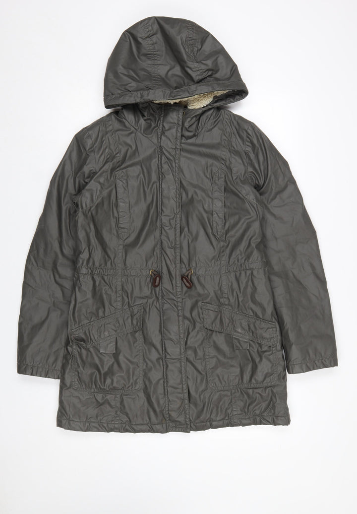 White Stuff Women’s Green Cotton Parka Coat Size 10 Hooded Mid-Length